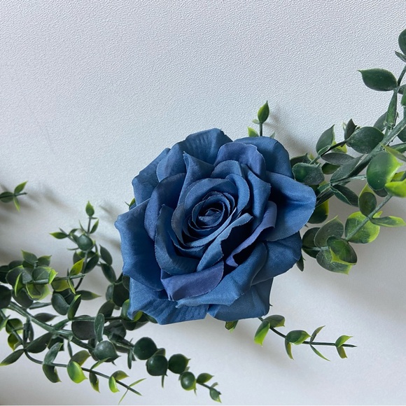 Custom Made 6 Ft Boxwood Garland with Roses Blush Dusty Rose Light Blue Royal - Picture 2 of 6